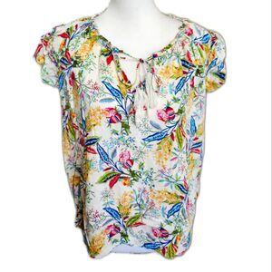 Rose + Olive Beautiful Colorful Floral Bohemian Blouse, Tie Neck, XL